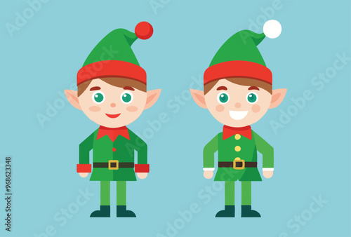 Festive Christmas elves and Holiday Icons Vector Illustration Set