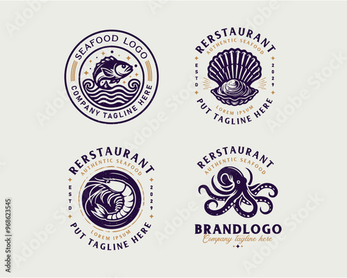 Set vintage bundle classic seafood restaurant logo design for business company