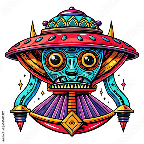 Colorful Alien Spaceship Illustration with Tribal Art Influence in Vibrant Style