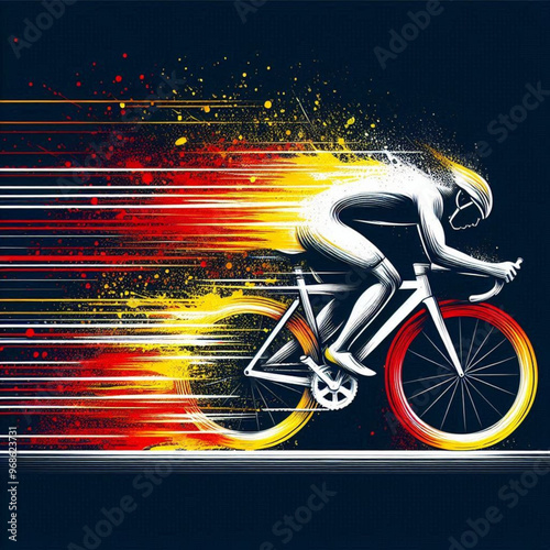 Cyclist in full motion racing with vibrant fiery speed effects

