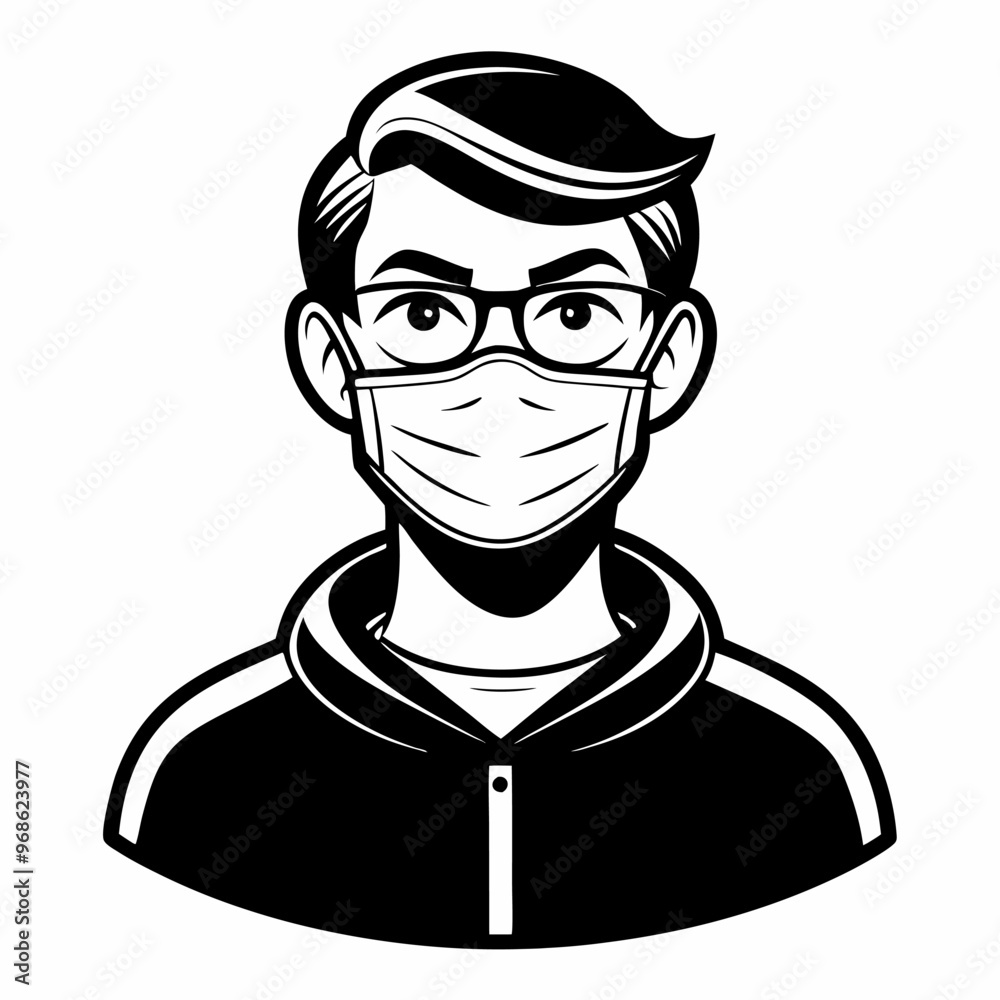 Monochrome Illustration of a Person Wearing Glasses and Face Mask Monochrome Illustration of a Person Wearing Glasses and Face Mask