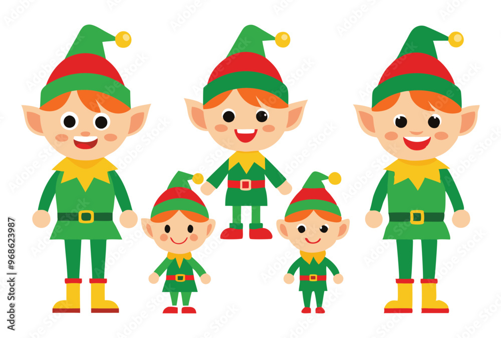 Festive Christmas elves and Holiday Icons Vector Illustration Set Festive Christmas elves and Holiday Icons Vector Illustration Set