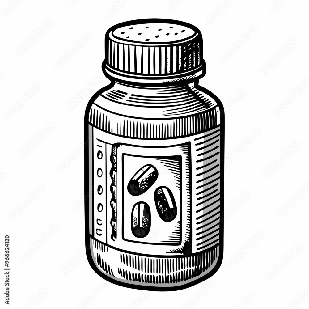 A bottle of pills with three pills inside A bottle of pills with three pills inside
