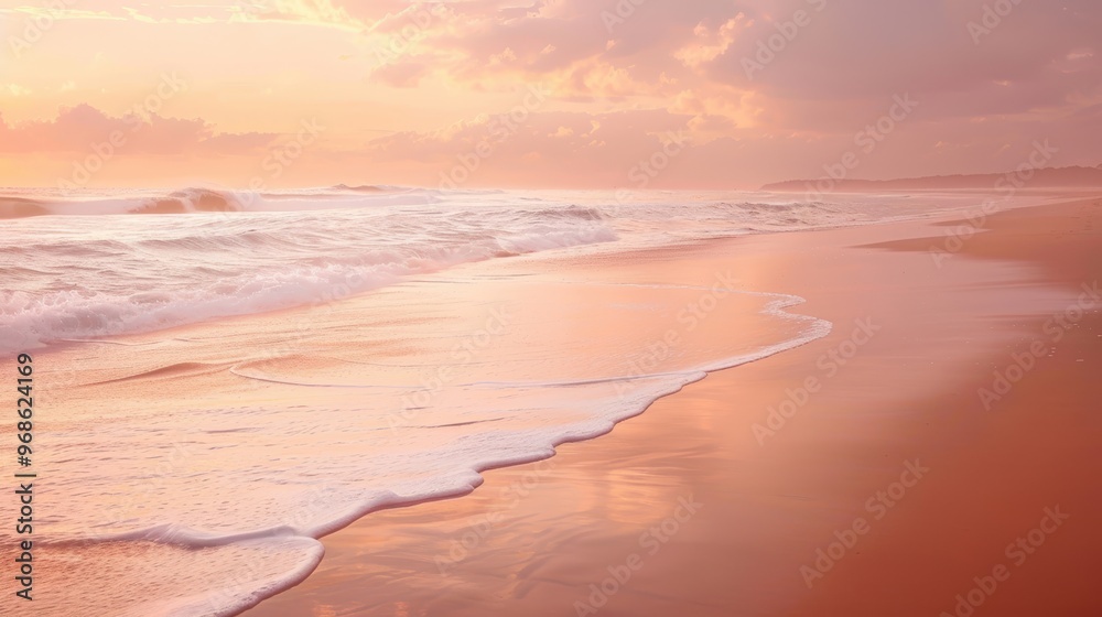 Obraz premium A beach with a pink and white ocean and a pink and white sky