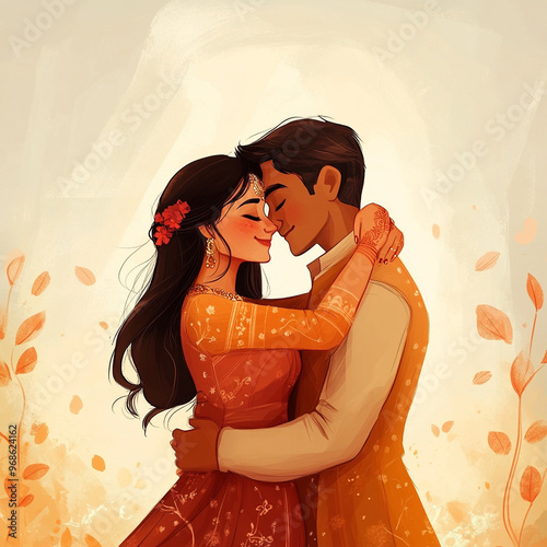 a cute beautiful asian indian couple cuddling hugging and kissing each other on a romantic day 