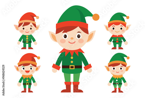 Festive Christmas elves and Holiday Icons Vector Illustration Set