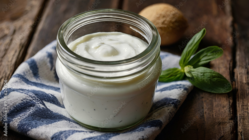 Greek yogurt in a glass jar on table top view Greek yogurt in a glass jar on table top view
