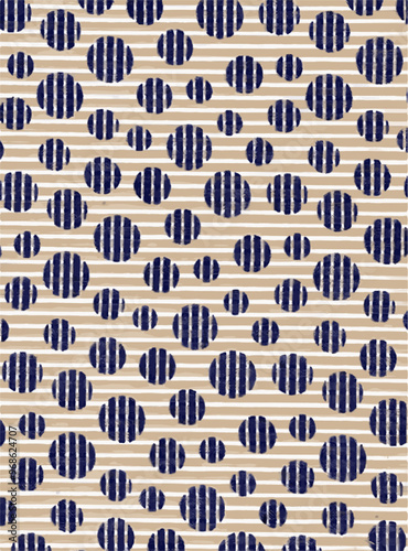 A pattern of navy blue textured circles overlaid on horizontal white stripes, creating a visually appealing and modern design.