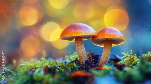 Wallpaper Mural Orange Mushrooms in a Forest with Bokeh Background Torontodigital.ca