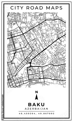 Monochrome Line Art Map of Baku Capital City of Azerbaijan, Illustration and home decoration