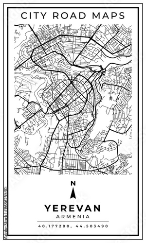 Monochrome Line Art Map of Yerevan Capital City of Armenia, Illustration and home decoration