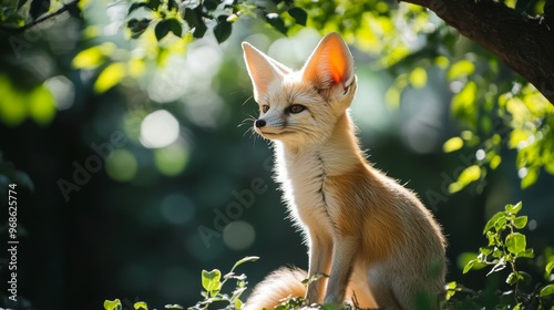 A fennec fox perched among greenery, showcasing its large ears and playful demeanor.