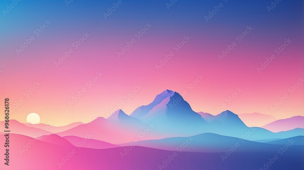 Fototapeta premium Vibrant Sunrise Over Serene Mountains – Minimalist Digital Landscape Art