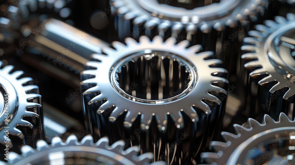 A close-up of a set of interconnected metallic gears, intricate details and precise alignment, reflecting light A close-up of a set of interconnected metallic gears, intricate details and precise alignment, reflecting light
