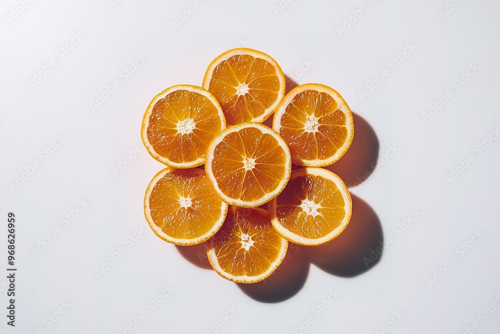 A close-up, high-resolution photograph of perfectly sliced, juicy orange fruits A close-up, high-resolution photograph of perfectly sliced, juicy orange fruits