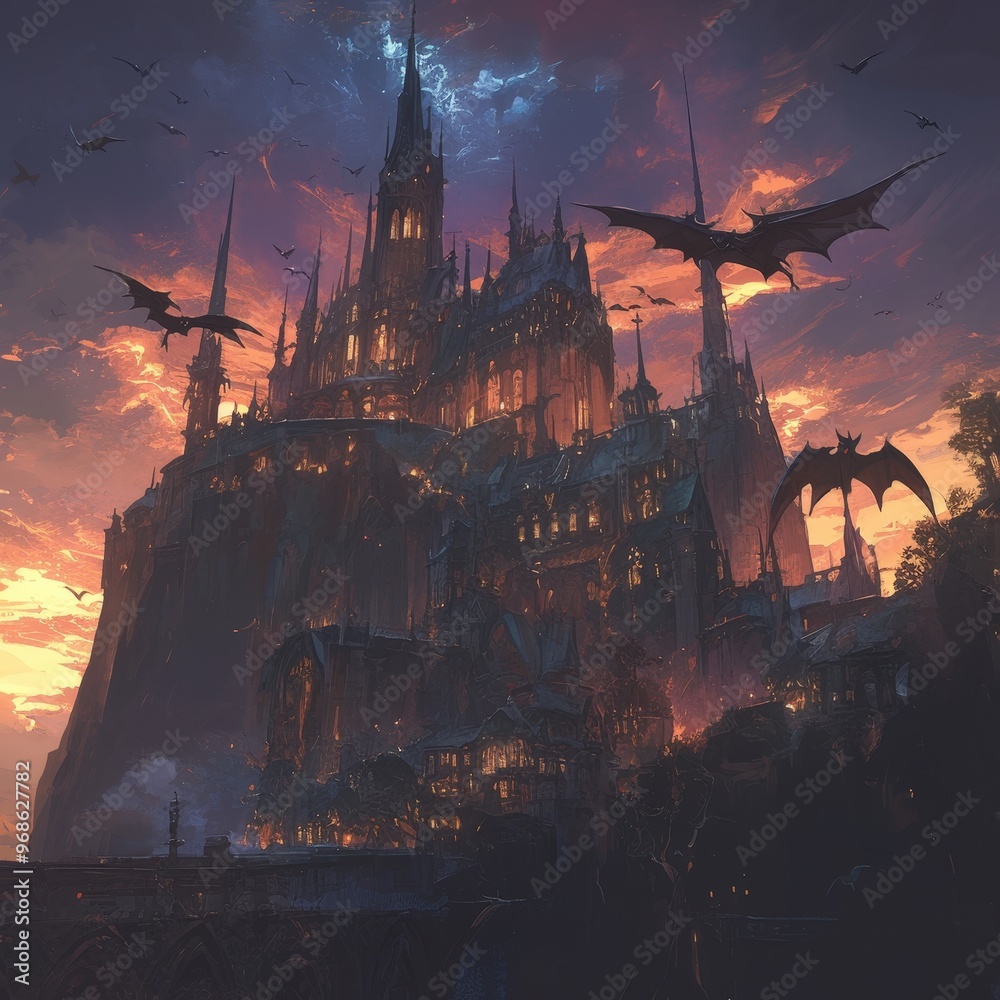 Gothic Vampire Castle at Sunset - A gothic vampire castle perched on a cliff at sunset, with dark storm clouds, lightning strikes, and bats swarming the towers, creating an ominous Halloween atmospher Gothic Vampire Castle at Sunset - A gothic vampire castle perched on a cliff at sunset, with dark storm clouds, lightning strikes, and bats swarming the towers, creating an ominous Halloween atmospher