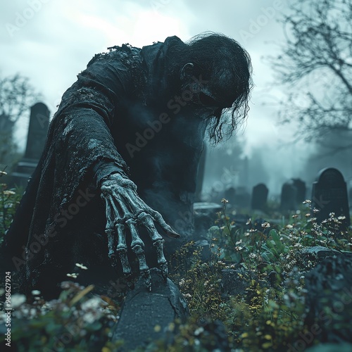 Creepy Graveyard at Midnight - A creepy graveyard at midnight with ancient tombstones, overgrown grass, ghostly apparitions, and a skeletal hand emerging from the ground, all under a dark, cloudy sky 
