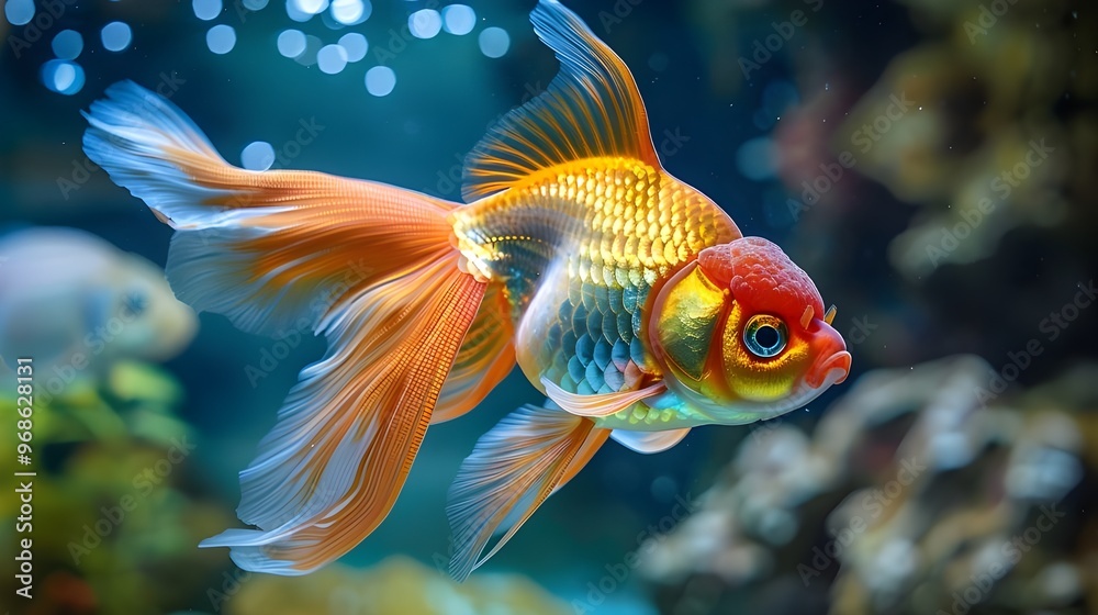 Close-up of an oranda goldfish in an aquarium Close-up of an oranda goldfish in an aquarium