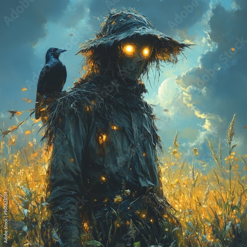 Sinister Scarecrow in a Cornfield - A sinister scarecrow standing in the middle of a dark, windswept cornfield, with glowing eyes, a tattered hat, and a crow perched on its shoulder –-ar 16:9