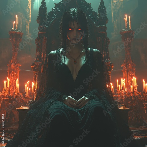 Vampire Queen in a Dark Castle - A regal vampire queen sitting on a throne in a dark, gothic castle, with flowing crimson robes, glowing red eyes, and candles flickering around her –-ar 16:9