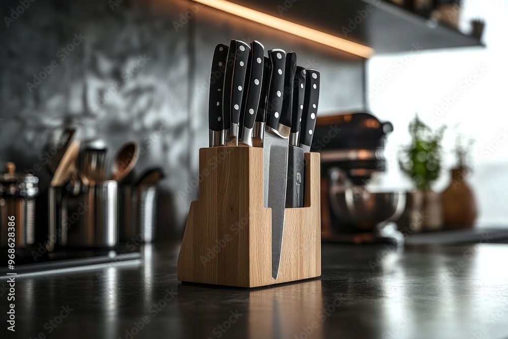 Highend kitchen knife set with wooden block on a sleek studio