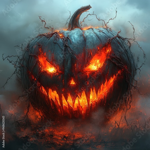 Evil Jack-o'-Lantern with Glowing Eyes - An evil jack-o'-lantern with glowing red eyes, sharp teeth, and twisted vines growing around it, set against a dark, misty background –-ar 16:9