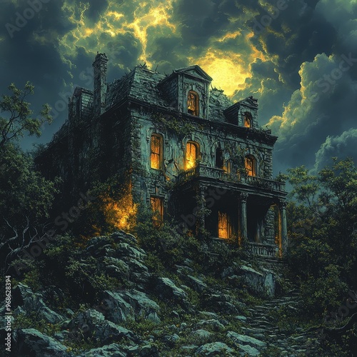 Haunted Mansion on a Hilltop - A haunted mansion perched on a hilltop, with broken windows, overgrown vines, and glowing ghostly figures visible through the dark, looming clouds –-ar 16:9