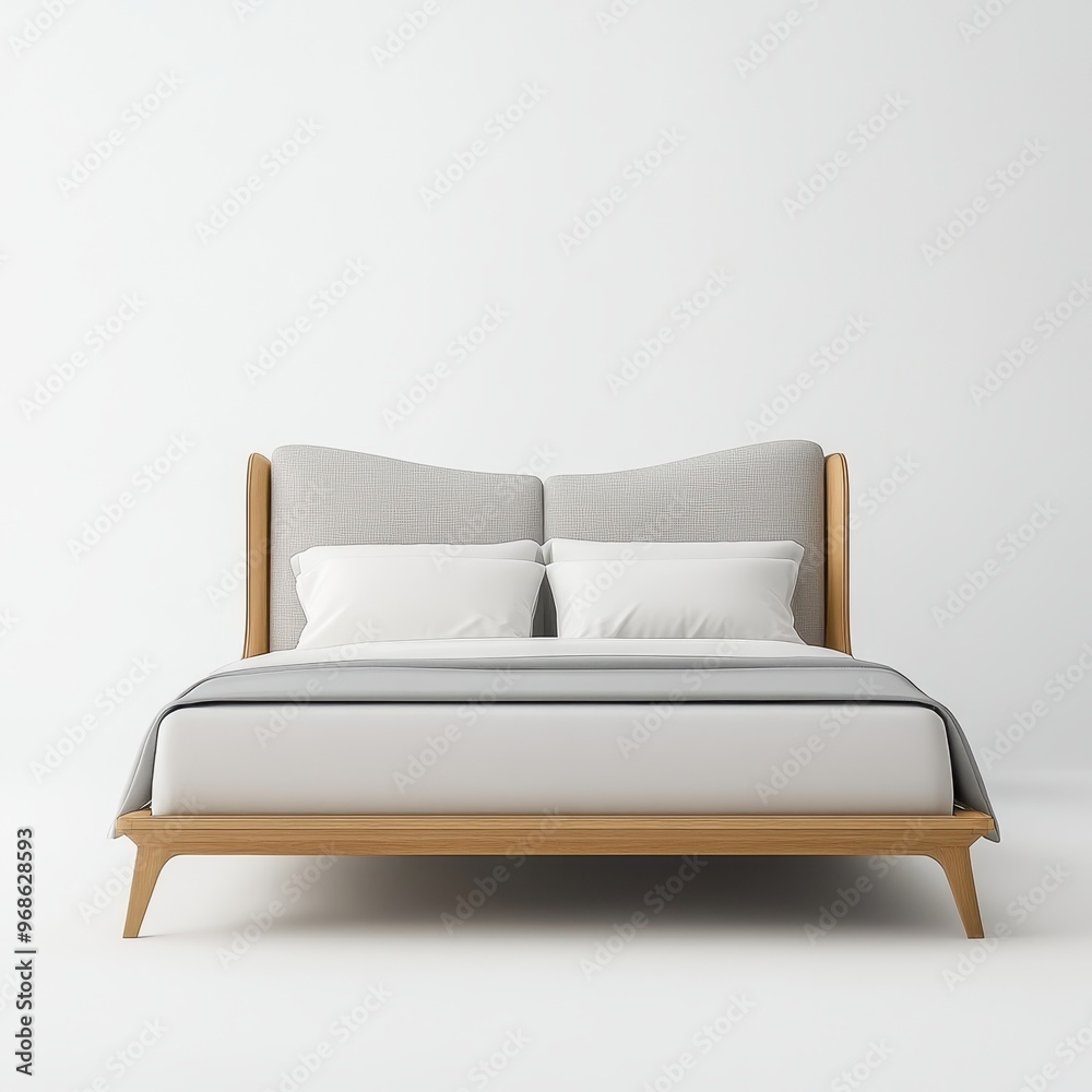 A modern bed with a wooden frame and upholstered headboard, designed for comfort and style. A modern bed with a wooden frame and upholstered headboard, designed for comfort and style.