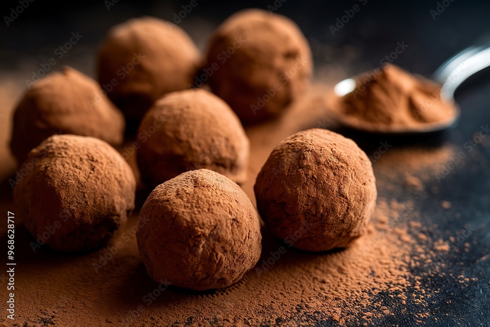 A photo of several chocolate truffles covered in cocoa powder. A photo of several chocolate truffles covered in cocoa powder.