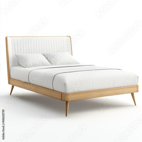 A modern bed with a wooden frame and white bedding, designed for comfort and style.