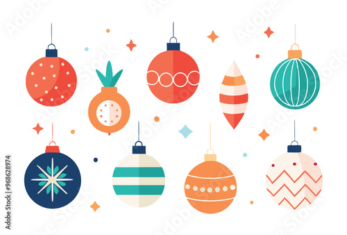 Colorful Christmas Ornaments modern Flat Vector Illustration Set