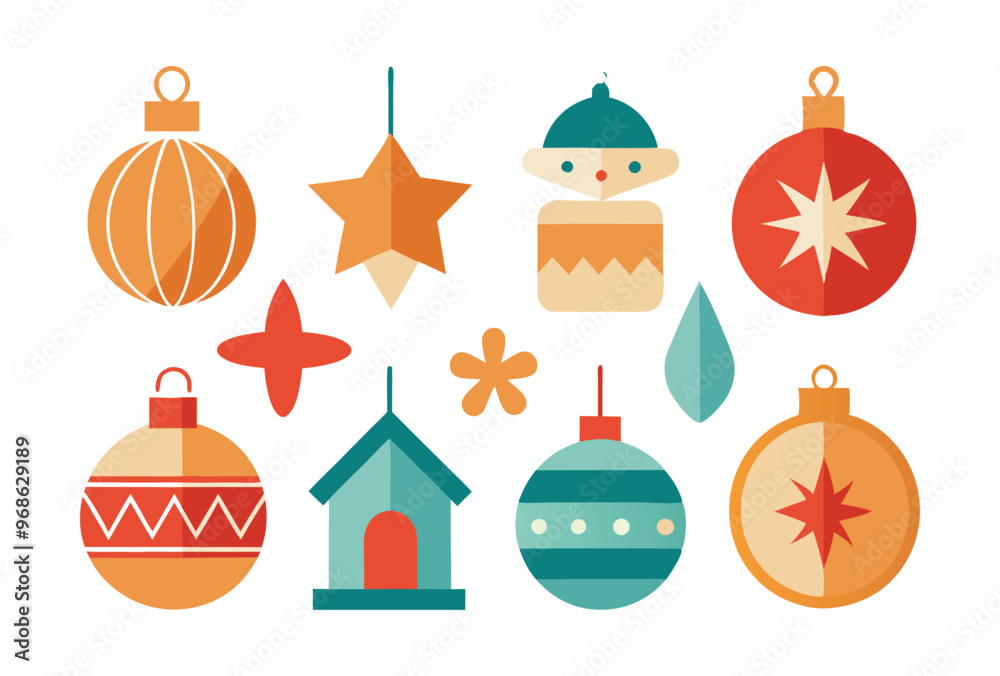 Fototapeta premium Colorful Christmas Ornaments modern Flat Vector Illustration Set