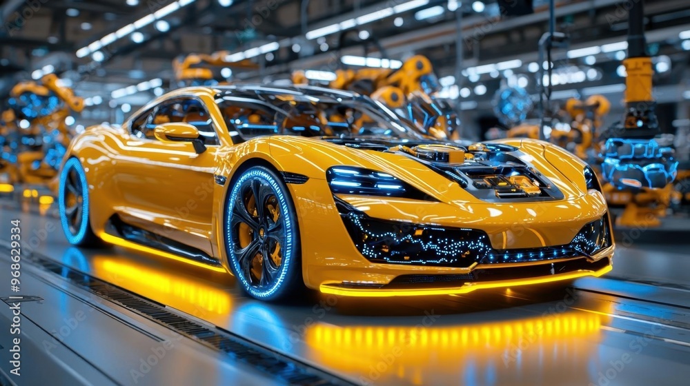 AI-driven factory producing advanced technology with glowing robotic arms AI-driven factory producing advanced technology with glowing robotic arms