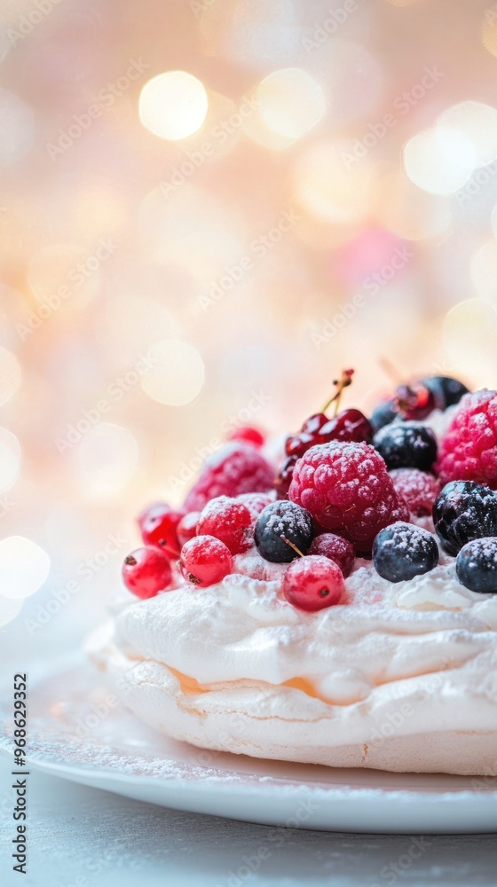 Close-up of a meringue cake topped with fresh berries, powdered sugar, and a blurred background of fairy lights. Close-up of a meringue cake topped with fresh berries, powdered sugar, and a blurred background of fairy lights.