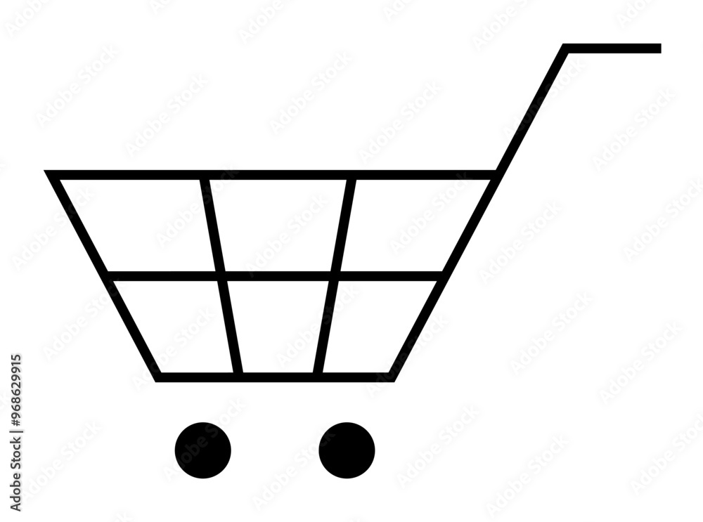 Simple black shopping cart with grid design and two wheels on a white background. Ideal for e-commerce, shopping, online store, retail, and grocery themes. Simple black shopping cart with grid design and two wheels on a white background. Ideal for e-commerce, shopping, online store, retail, and grocery themes.