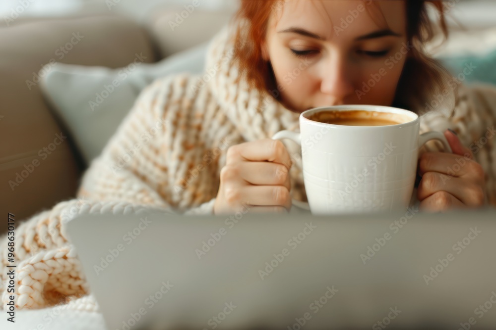 Cozy Home Office: Redhead Woman Relaxing on Sofa with Tea, Laptop, and Blanket Cozy Home Office: Redhead Woman Relaxing on Sofa with Tea, Laptop, and Blanket