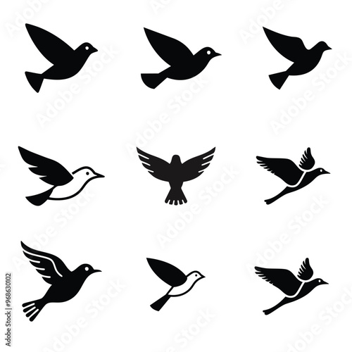 Set of bird silhouettes or bird icons. Clip art isolated on white background. Vector illustration.