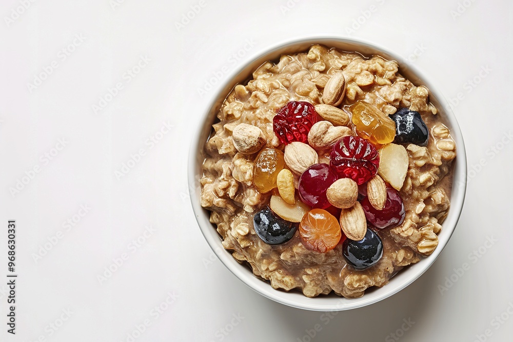 A delectable and wholesome bowl of cooked oatmeal features sweet, boiled oats A delectable and wholesome bowl of cooked oatmeal features sweet, boiled oats