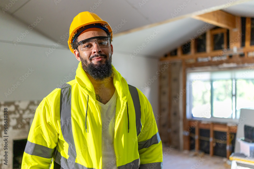 A cheerful man wearing a safety vest and helmet stands with confidence at a remodeling site, embodying the vibrant spirit and dedication associated with construction work and craftsmanship A cheerful man wearing a safety vest and helmet stands with confidence at a remodeling site, embodying the vibrant spirit and dedication associated with construction work and craftsmanship