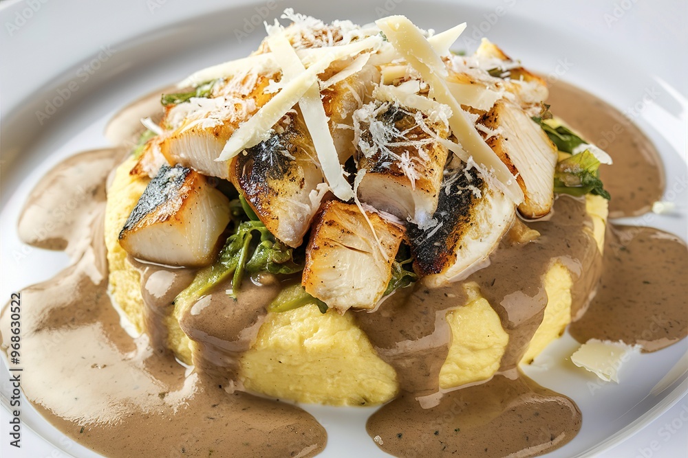 A delectable plate of polenta, chunky fish pieces and shredded white cheese, with a creamy sauce A delectable plate of polenta, chunky fish pieces and shredded white cheese, with a creamy sauce
