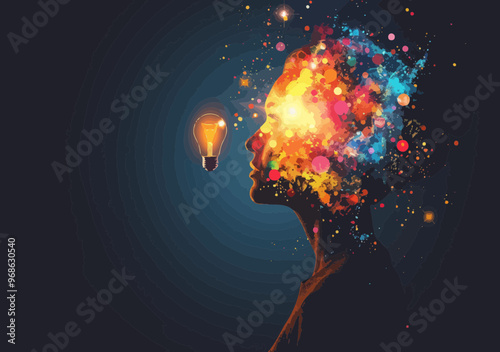 Creative Entrepreneur with Ideas Exploding in Mind - Vector Illustration of Business Leader in Thoughtful Visualization with Colorful Abstract Mind Map and Lit Lightbulb Concept