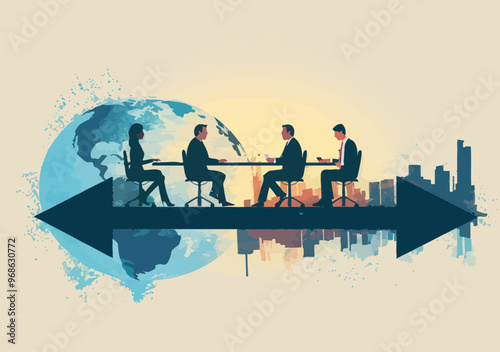 Global Trade and Investment Strategy Meeting, Business Team at Arrow Table Pointing to Globe with City Skyline, Vector Illustration