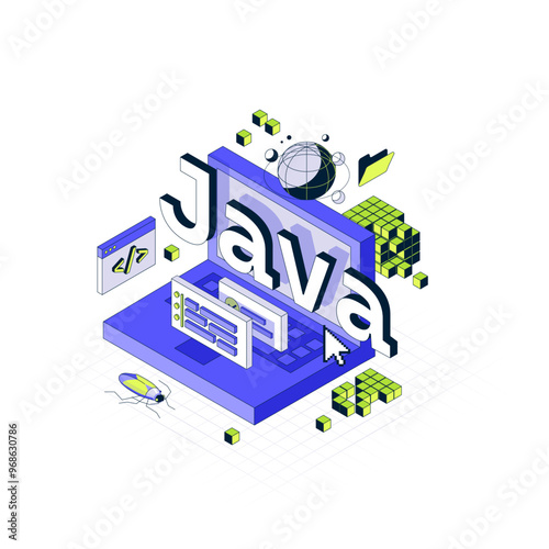 Concept of computer Programming in Isometric style. A large inscription Java. Minimalistic Axonometric Interface. 3d vector illustration in different dimensions. Big Ui graphics