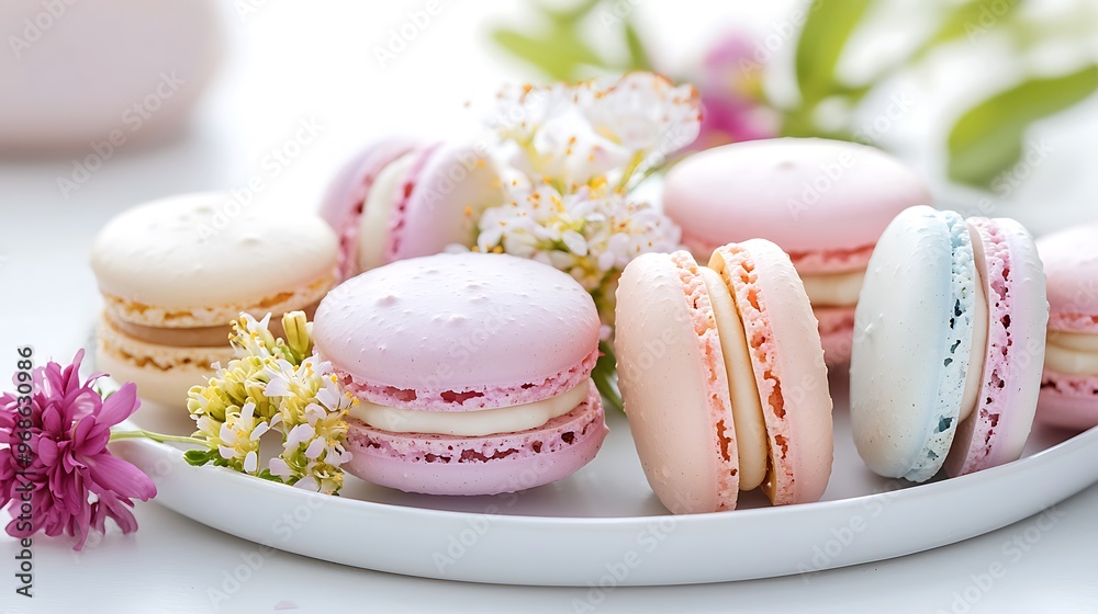 Fototapeta premium An elegant close-up of a dessert plate featuring macarons in pastel colors, perfectly arranged with edible flowers. The smooth, glossy surface of the macarons contrasts beautifully with their