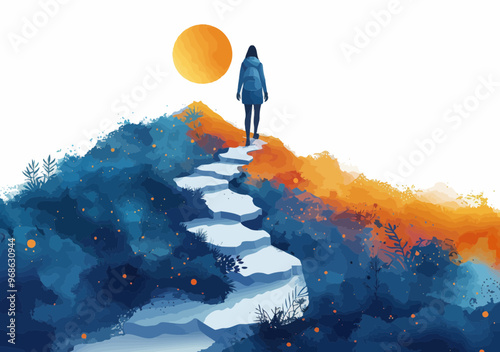 Silhouette of Woman Hiking on Curved Pathway Towards Sunset in Minimalistic Blue and Orange Landscape Illustrating the Journey to Career Success