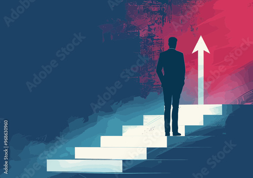 Businessman Watching Arrow Sign and Staircase, Concept of Career Steps, Growth, and Success, Minimalistic Vector Illustration for Business and Professional Development Themes