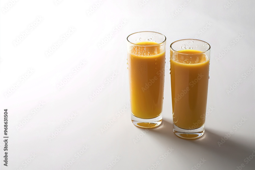 A pristine, minimalist photo of two glass tumblers, each filled to the brim with freshly squeezed orange juice A pristine, minimalist photo of two glass tumblers, each filled to the brim with freshly squeezed orange juice