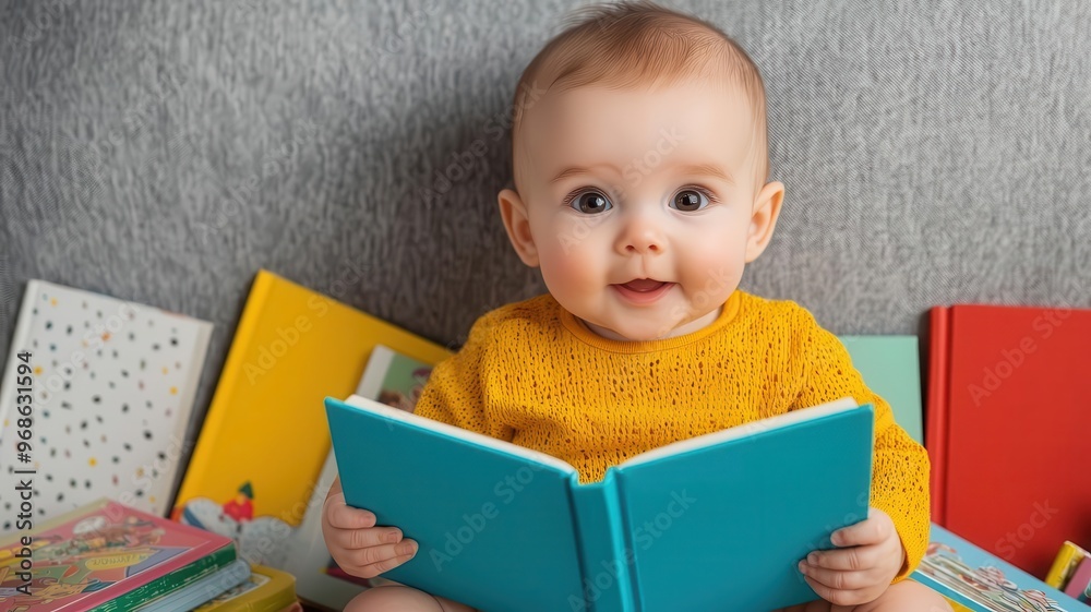 Baby happily engaged with a vibrant storybook, surrounded by a spread of children's books, Baby reading, imaginative exploration, early education Baby happily engaged with a vibrant storybook, surrounded by a spread of children's books, Baby reading, imaginative exploration, early education