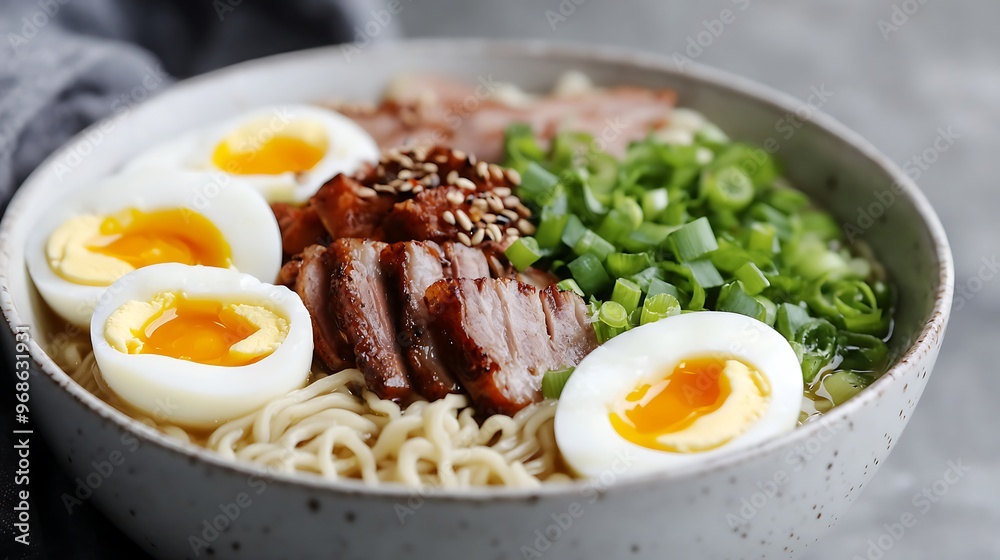 A beautifully styled bowl of ramen with tender noodles, soft-boiled eggs, sliced pork, and green onions. The broth shimmers with richness, while the noodles and toppings are captured in incredible A beautifully styled bowl of ramen with tender noodles, soft-boiled eggs, sliced pork, and green onions. The broth shimmers with richness, while the noodles and toppings are captured in incredible