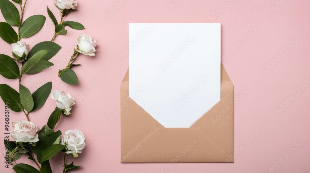 Open pastel envelope with blank white card, surrounded by delicate white roses and green leaves, set on a soft pink background for a romantic design. Open pastel envelope with blank white card, surrounded by delicate white roses and green leaves, set on a soft pink background for a romantic design.